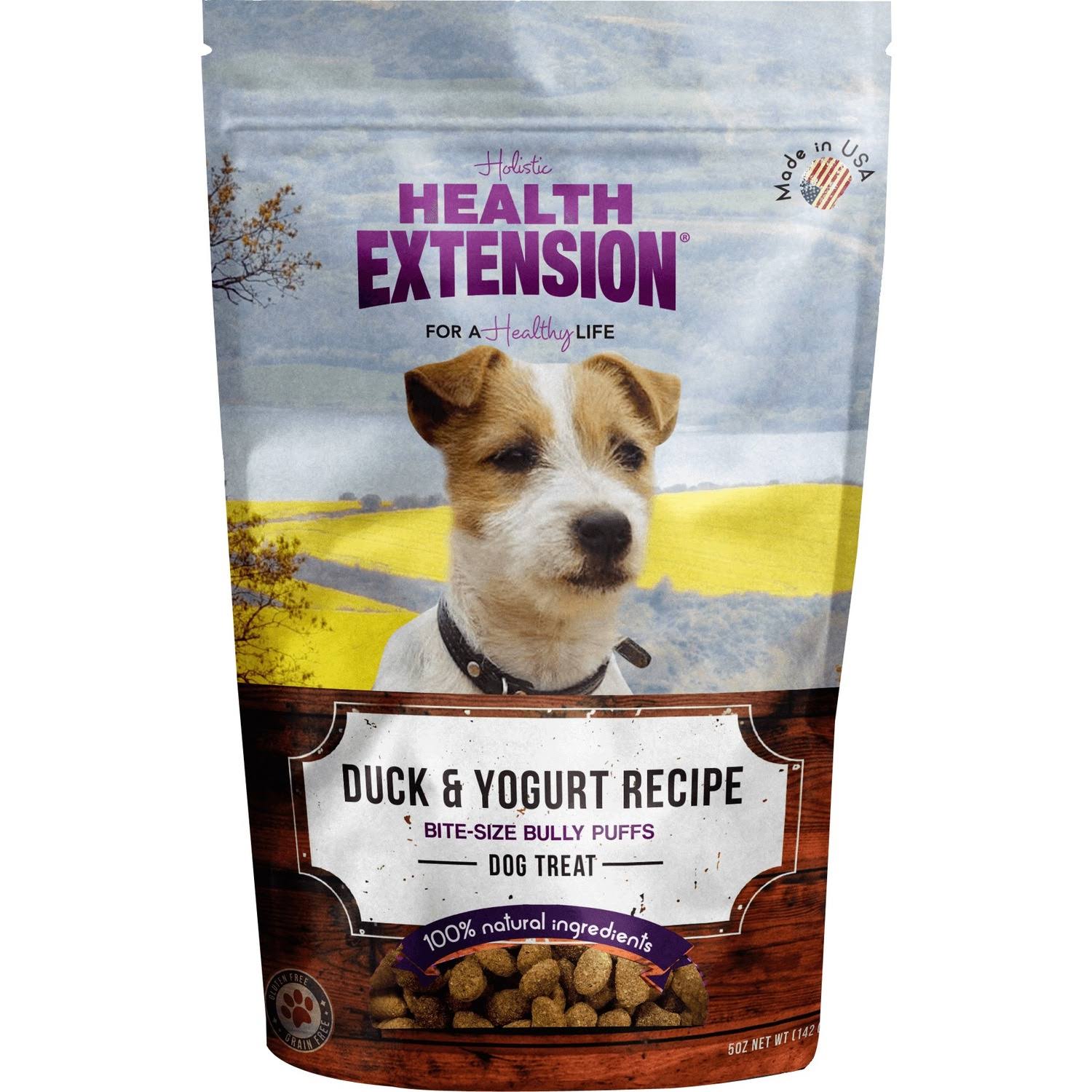 Health Extension Bully Puffs Holistic Dog Treats - Duck & Yogurt Grain, 5oz Bag