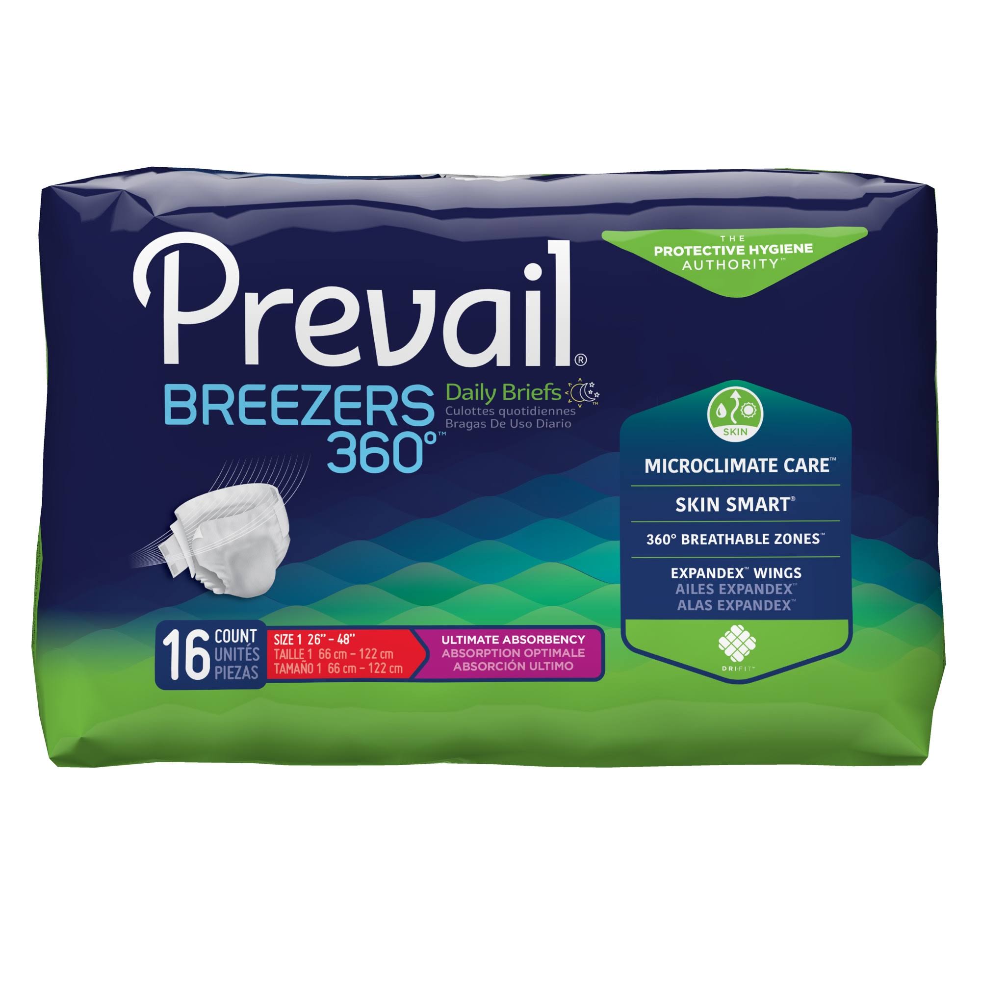Prevail Unisex Breezers 360 Maximum Absorbency Incontinence Briefs - Size 1, x16