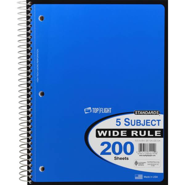 Top Flight Standards Notebook, 5 Subject, Wide Rule, 200 Sheets