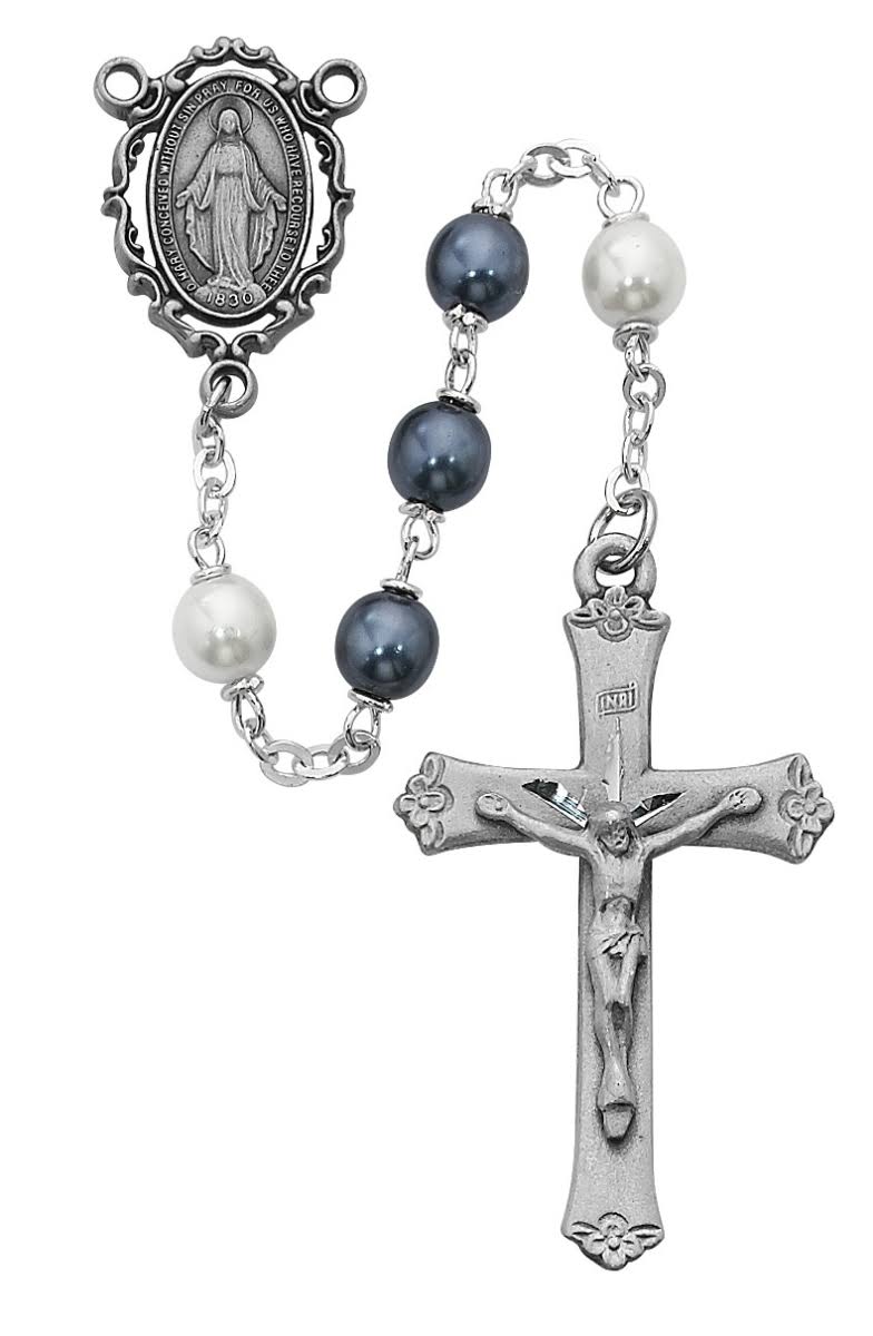 Blue and White Pearl Like Rosary Boxed