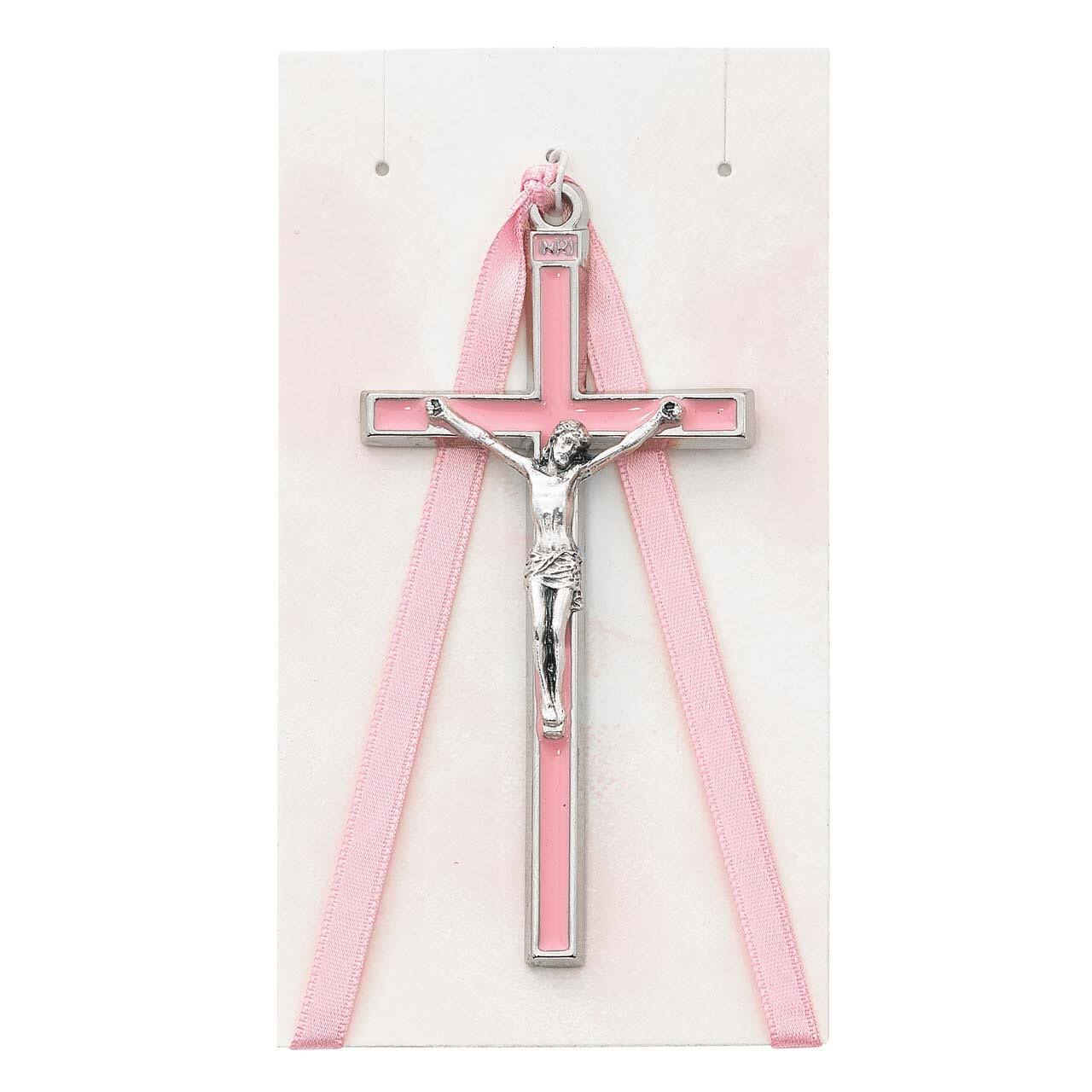 3.75 in. Silver Oxidized Pink Enamel Crib Crucifix w/Pink Ribbon 2pk