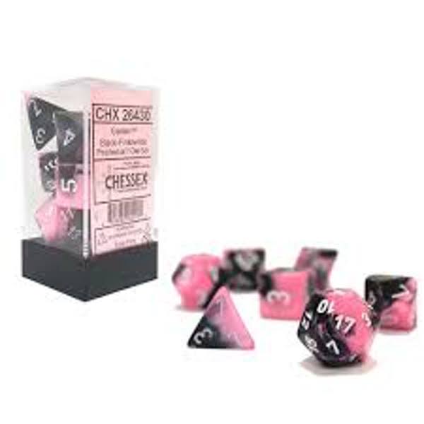 Chessex Gemini Poly 7 Dice Set: Black-Pink/White