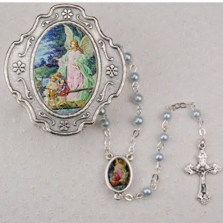 Guardian Angel Blue Rosary with Box Baptism Christening Communion Gift