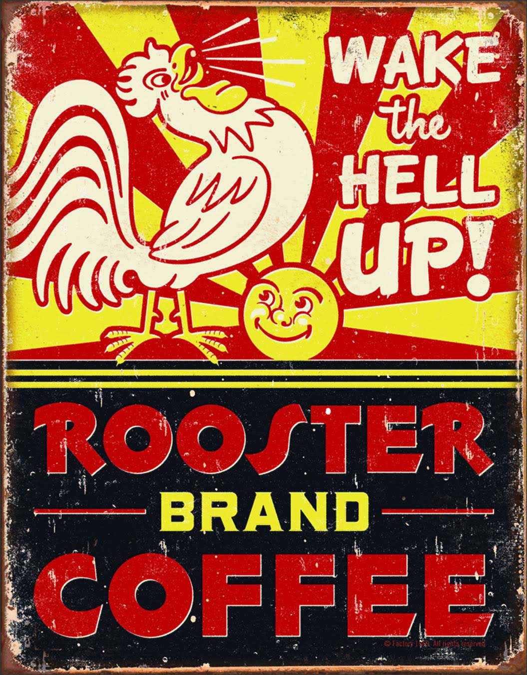 Rooster Brand Coffee Distressed Tin Sign 13 x 16in