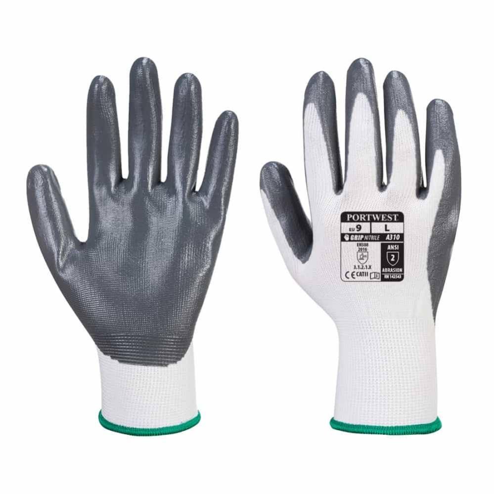 Portwest Flexo Grip Nitrile Glove (A310) (Pack of 10), Grey/White / L / W
