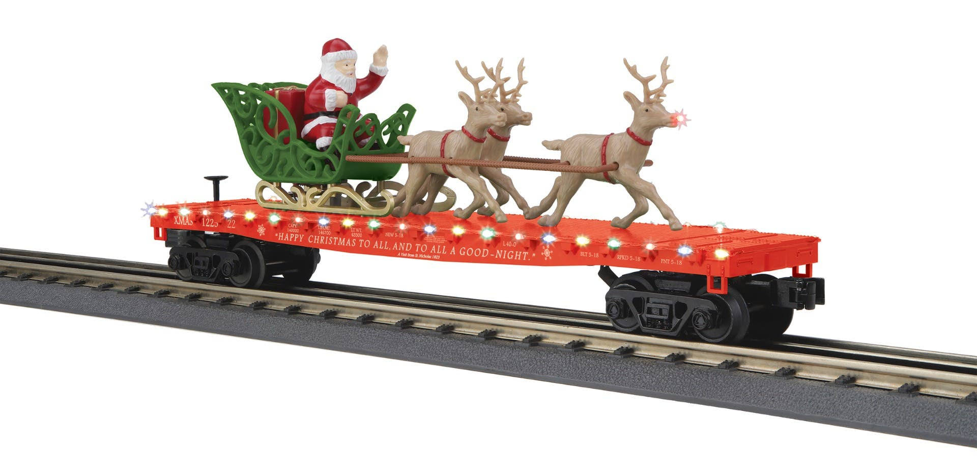 MTH 30-76861 Flat Car w/LED Lights, Santa Sleigh & Reindeer - Christmas Car No. 122522