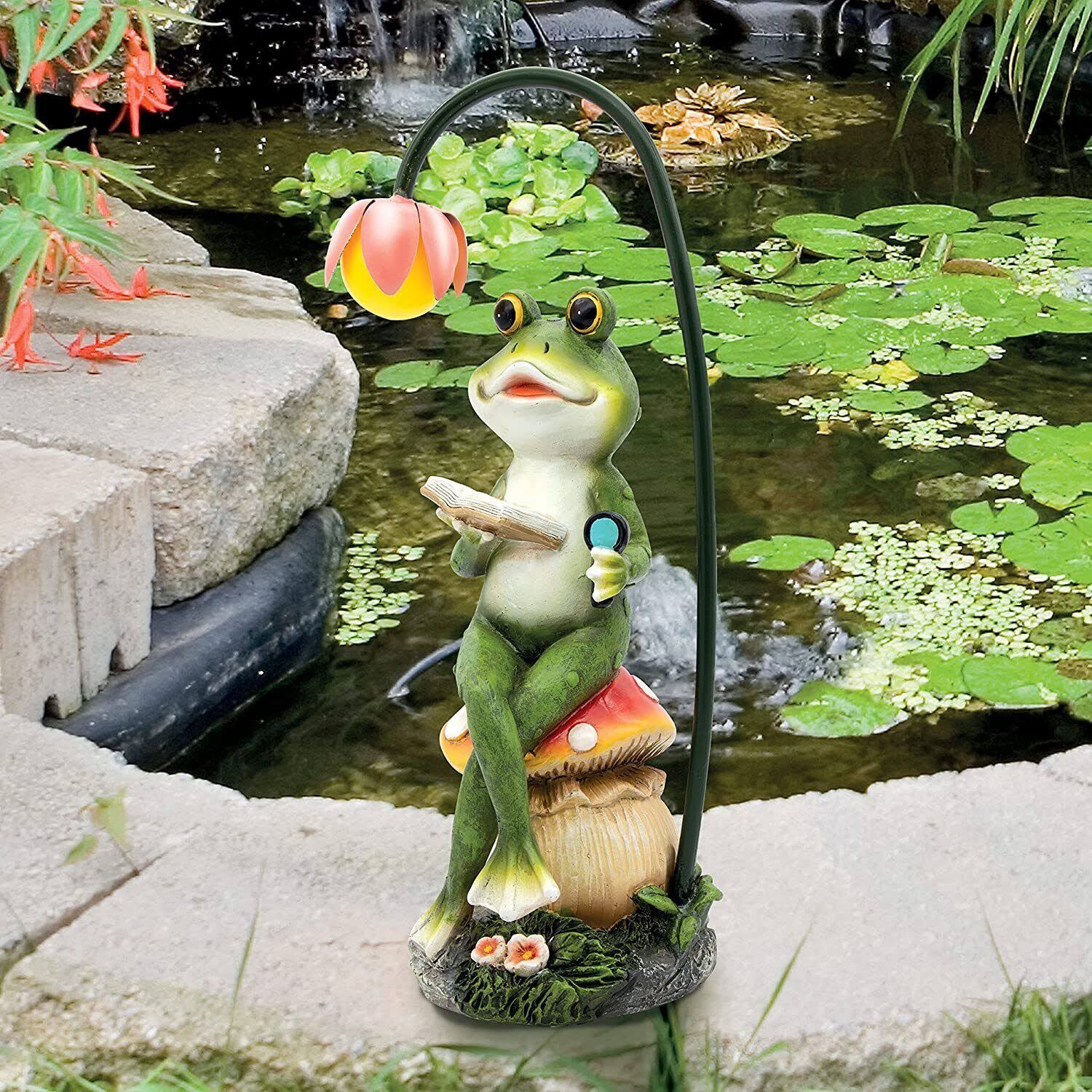 GardenKraft Solar Light-up Reading Frog / Charming Traditional Garden Ornament