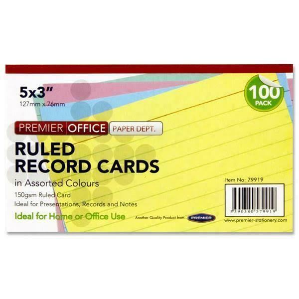Premier Office Pack of 100 5"X3" Ruled Record Cards - Colour