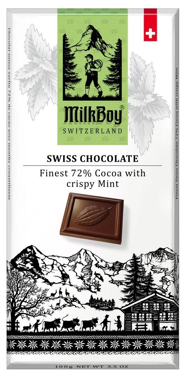 Milkboy 72% Swiss Dark Chocolate with Crispy Mint 3.5 oz