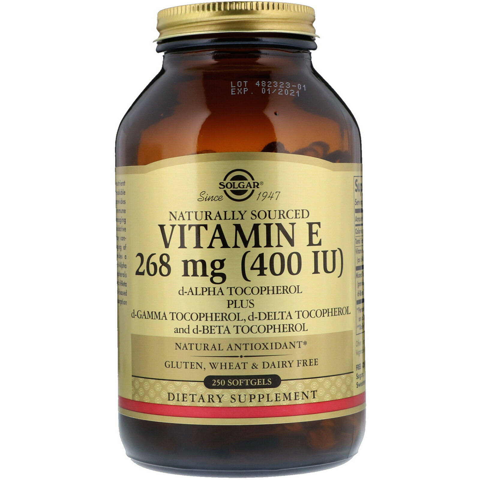 Solgar Vitamin E 400 IU Natural Antioxidant Supplement - 250 Softgels