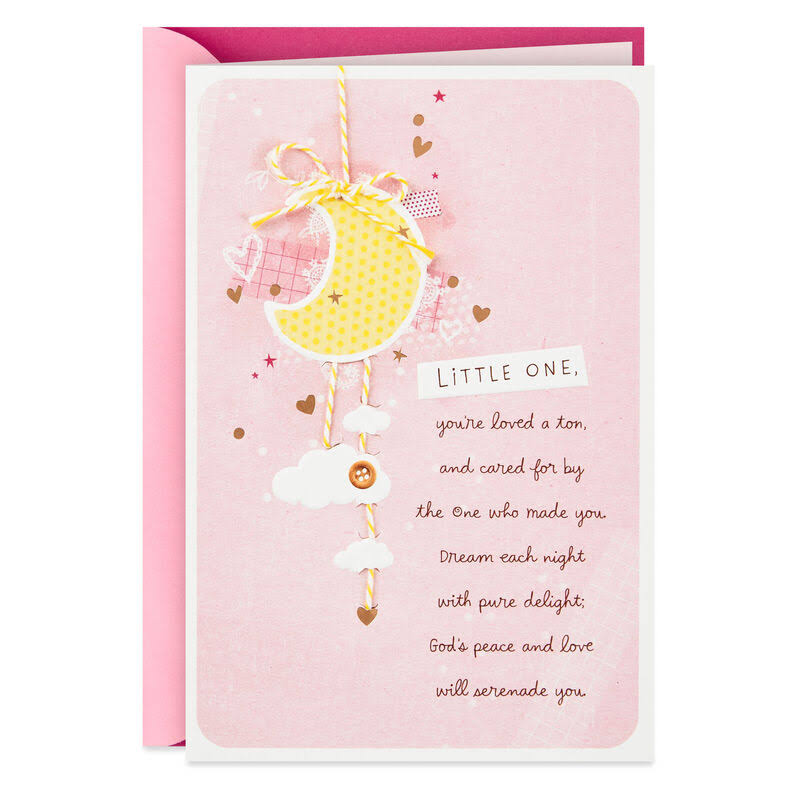 Moon with Hearts and Stars Baby Girl Christening Card