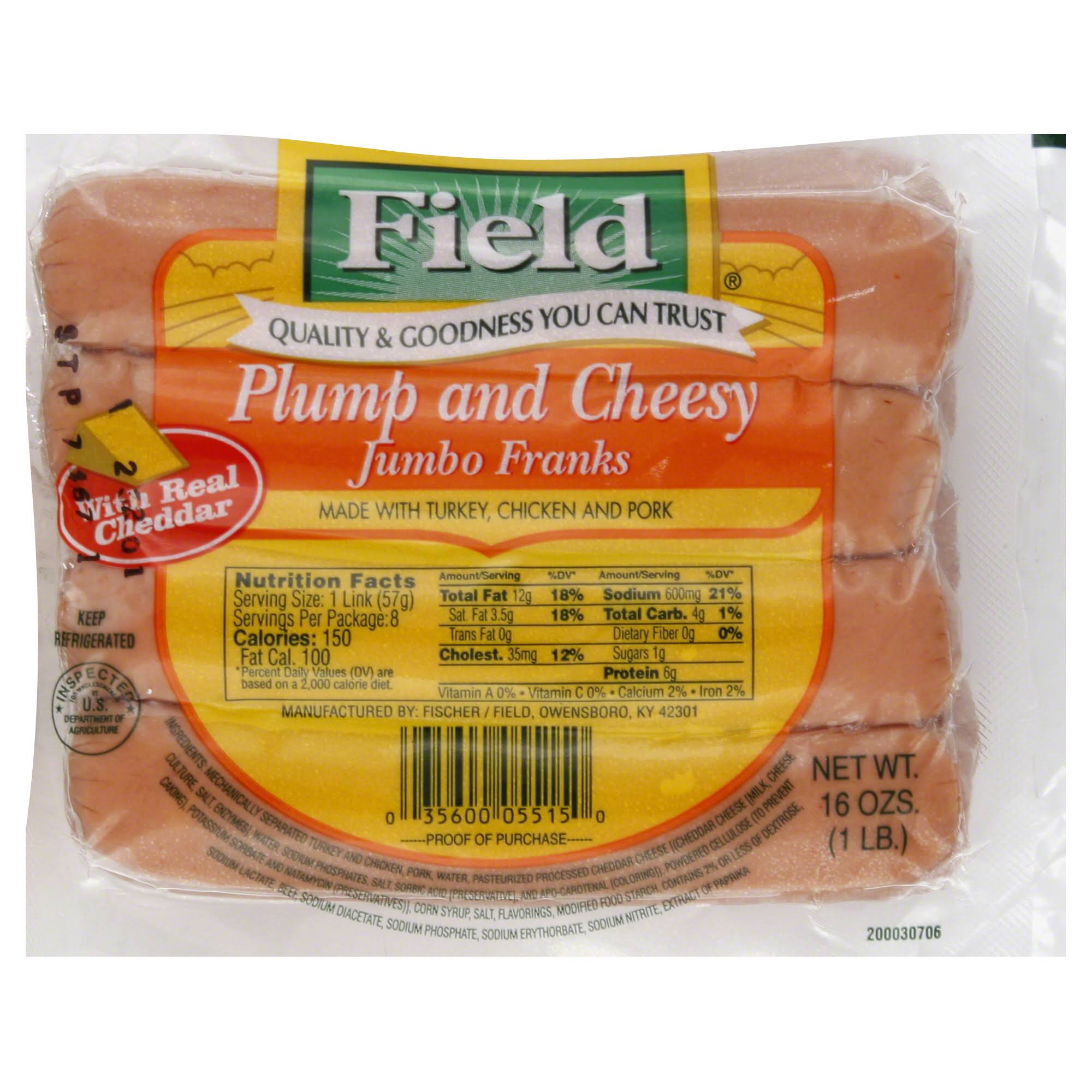 Field Franks Plump And Cheesy - Jumbo, 16oz
