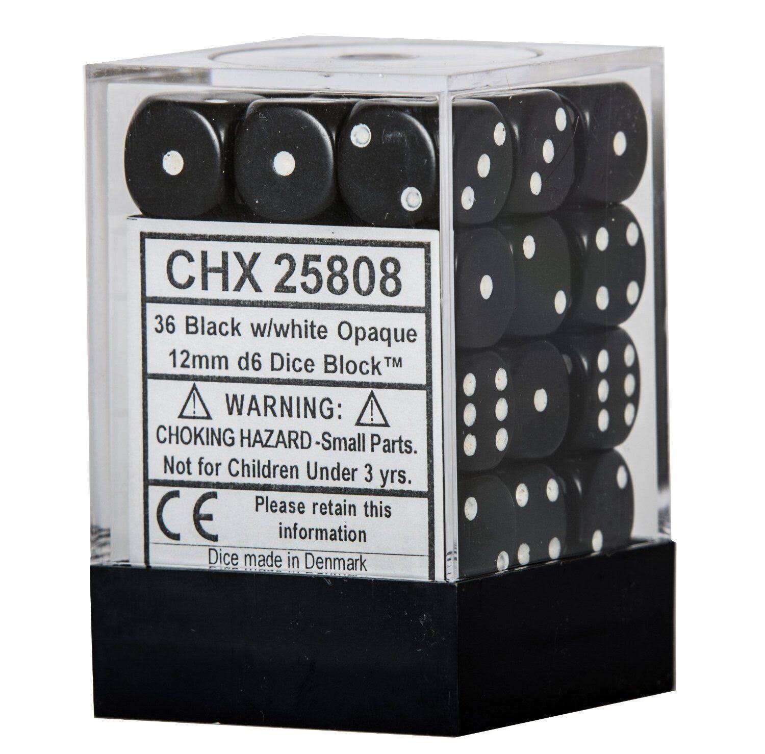 Chessex Black with White Dice Block, 12mm D6, Pack of 36