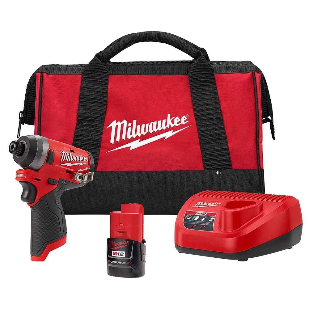 Milwaukee 2553-21 M12 Fuel 1/4 in. Hex Impact Driver Kit with One 2.0 AH Battery, Charger and Bag