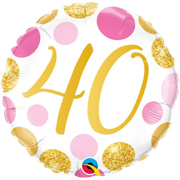 40th Birthday Pink & Gold Dots Balloon - 18 Foil - 40th Birthday Balloons (each)
