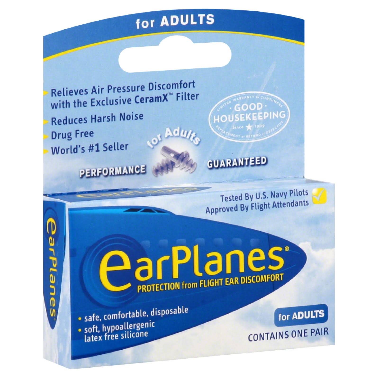 Earplanes Protection From Flight Ear Discomfort - 1 Pair, Adult