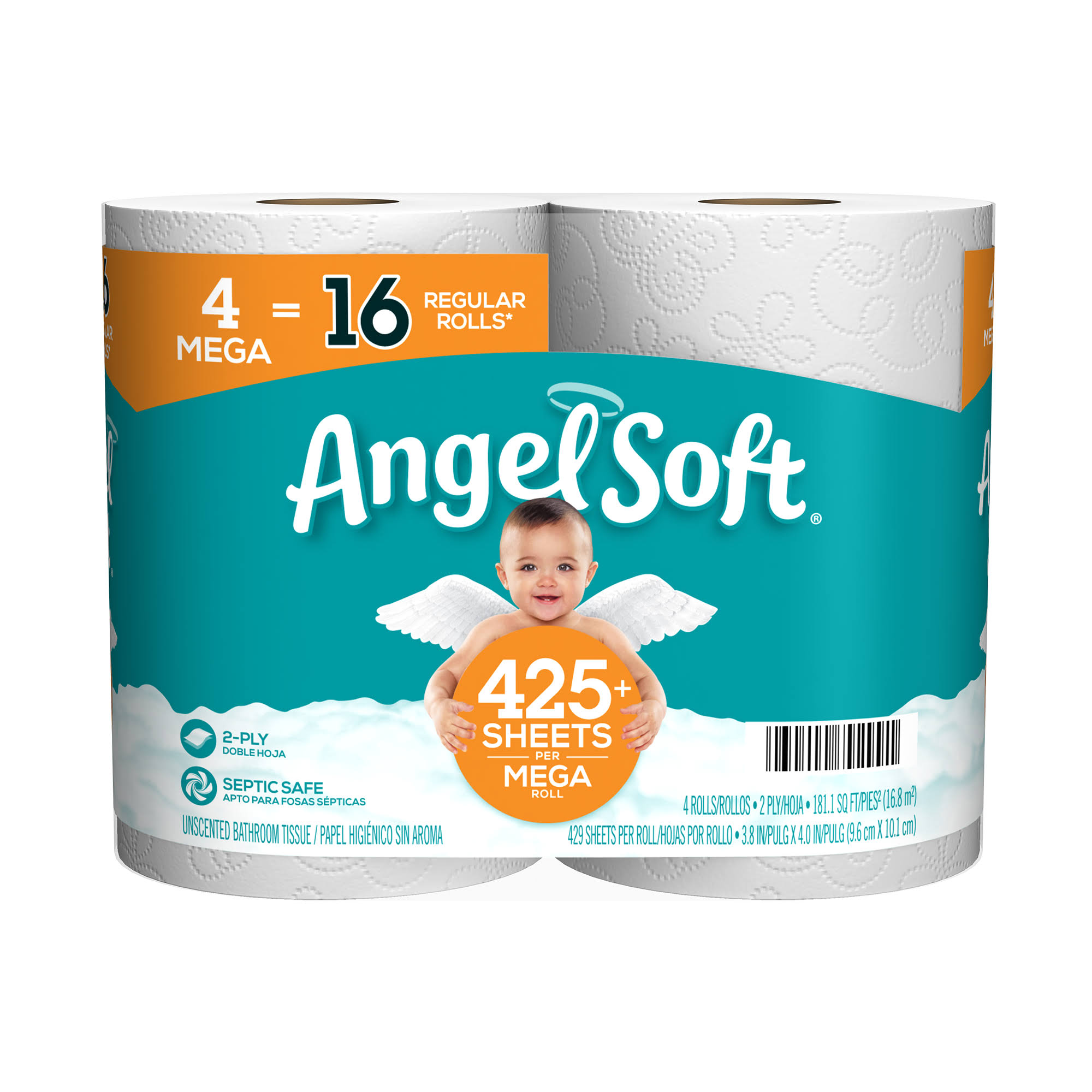 ANGEL SOFT Toilet Paper Bath Tissue, 4 Mega Rolls, 425+ 2-Ply Sheets