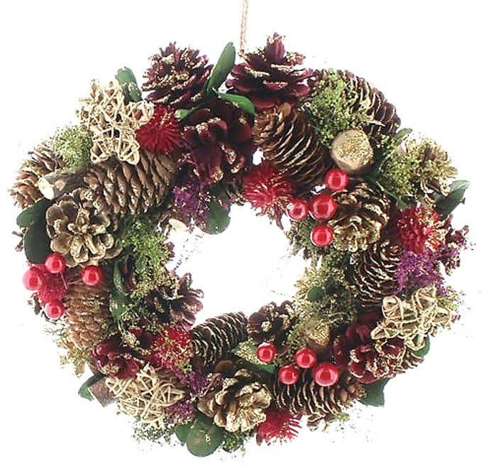 Festive Red Berry and Gold Cone Wreath in Box 30cm P036990