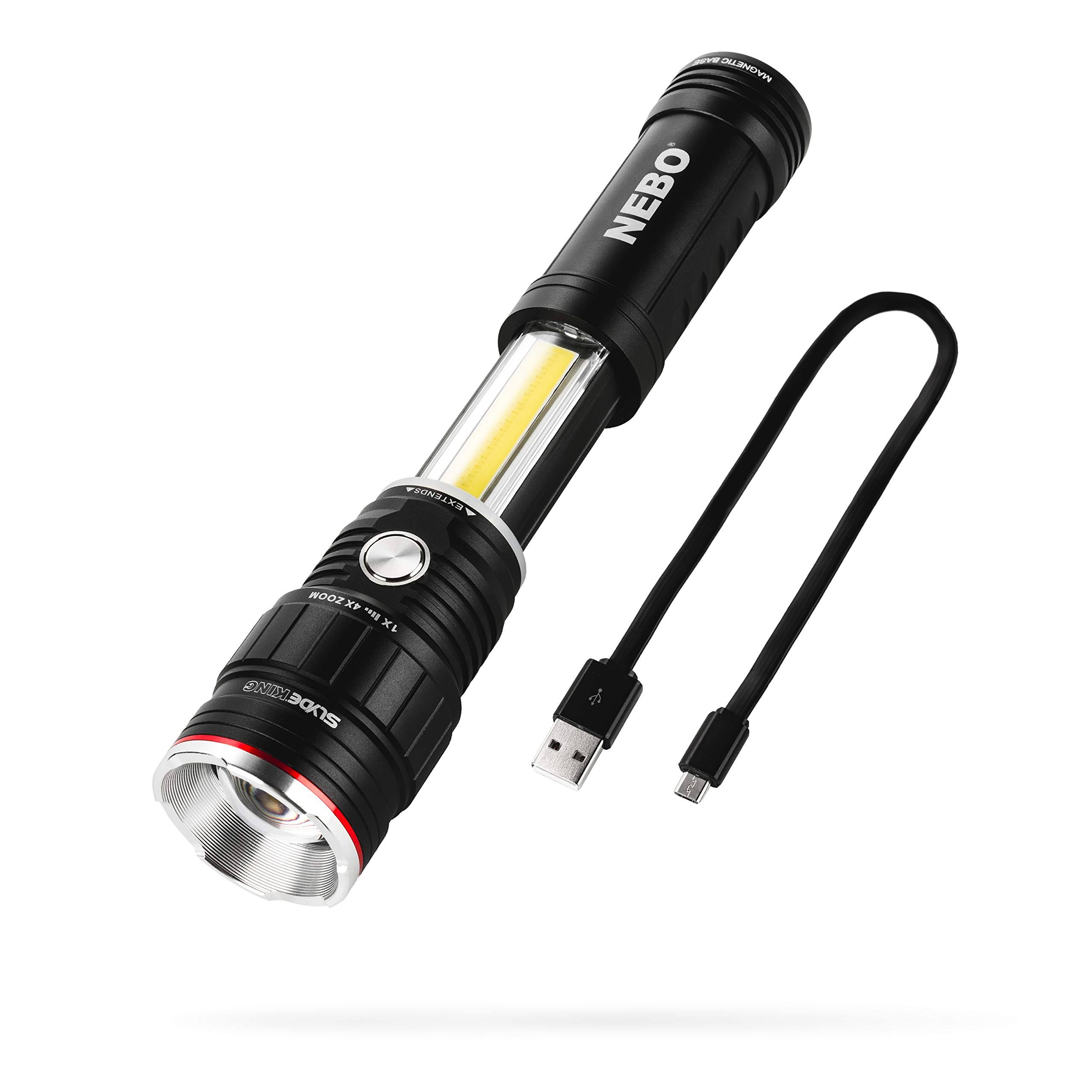 Nebo Slyde+ 500 Lumen Rechargeable Flashlight Work-Light: White and Red Light Mode and Red Flashing Light Mode, 4x Adjustable Zoom with Magnetic Base