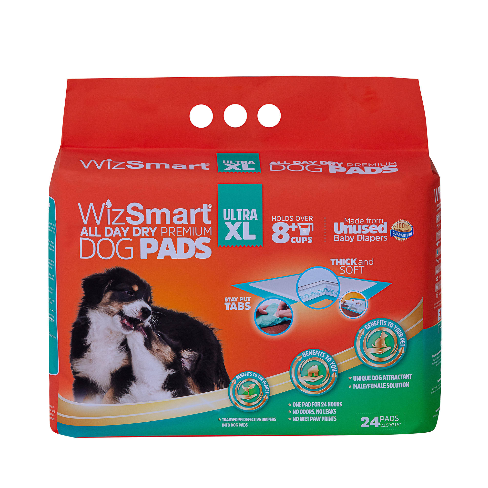 WizSmart All-Day Dry Premium Dog and Puppy Potty Training Pads, Quick Drying, Absorbent, and Odor Free with Stay Put Tabs, 10+ Cup Ultra XL
