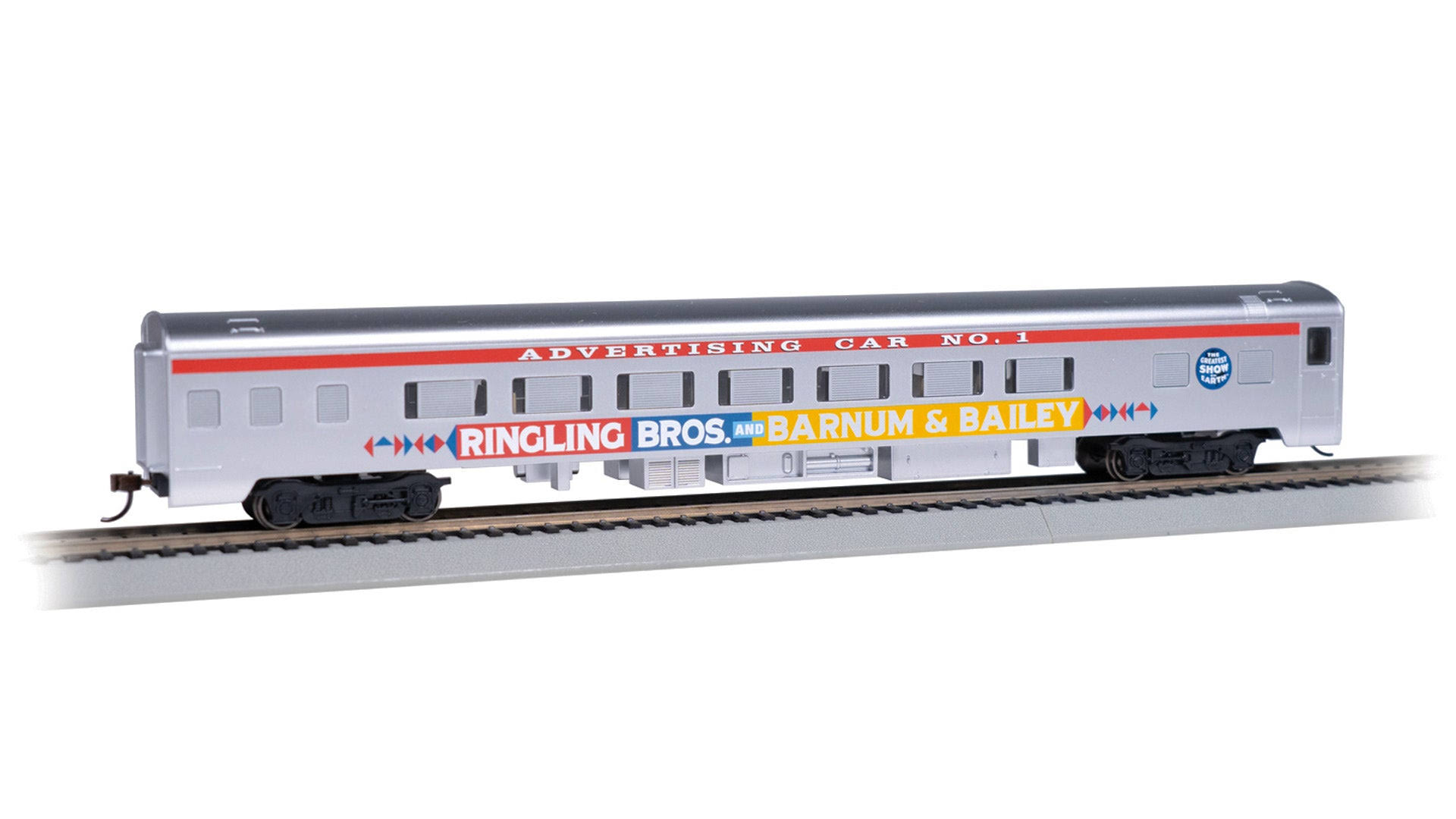 Bachmann - 85' Smooth-Side Coach w/Lights - Ready to Run - Ringling Bros. and Barnum & Bailey #1 (Advertising Car, Silver, Red, Yellow - 160-14215