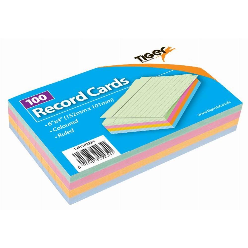 6x4" Coloured Record Cards Ruled 100 Sheets
