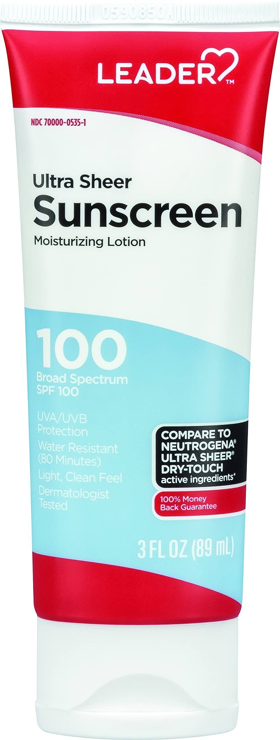 Leader SPF 100+ Sunscreen Lotion Ultra Sheer Dry-Touch Water Resistant Non-Greasy with Broad Spectrum Sunblock, Waterproof 3 Fl Oz