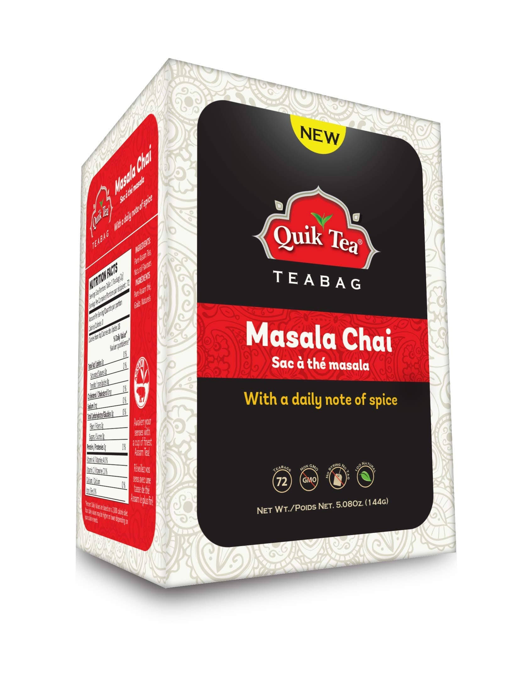 QuikTea Masala Chai Tea Bags - 72 Count Single Box - All Natural Preservative Free Tea Bags From Assam
