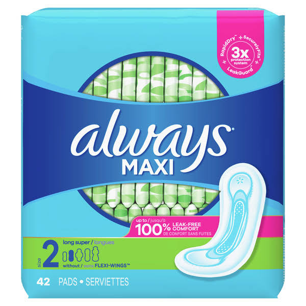 Always Maxi Pads Without Wings - 42 Pads, Long Super