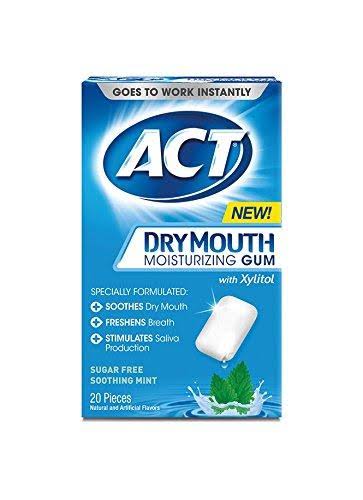 Act, Dry Mouth Moisturizing Gum with Xylitol, Sugar Free, Soothing Mint, 20 Pieces