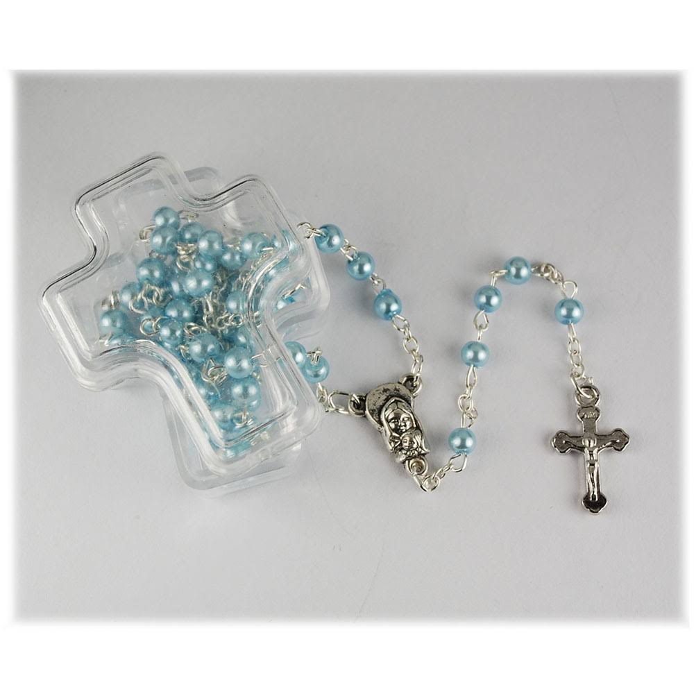 Blue Pearl Rosary in Cross Box