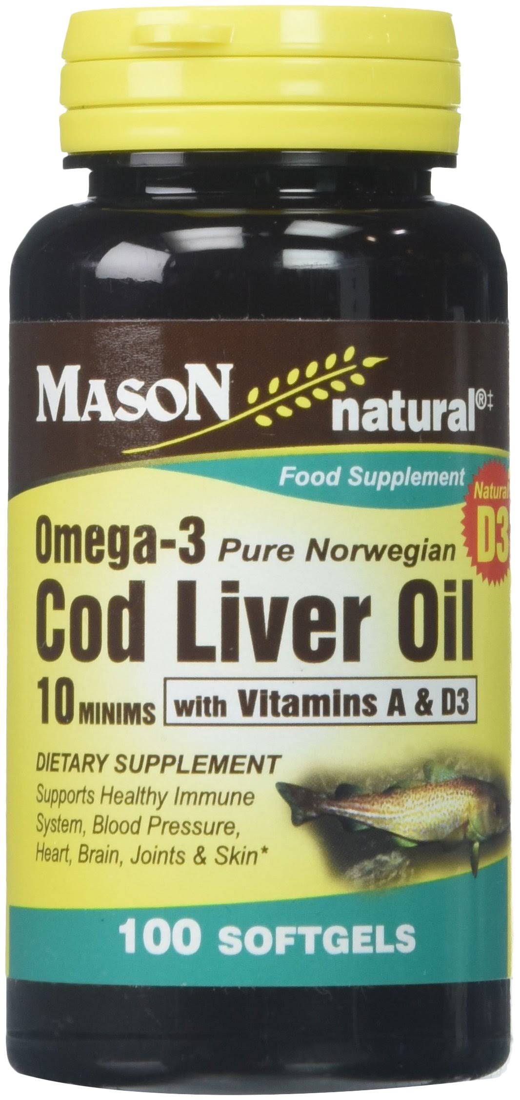 Mason Natural Omega 3 Cod Liver Oil with Vitamin A and D3 Food Supplement - 100 Softgels