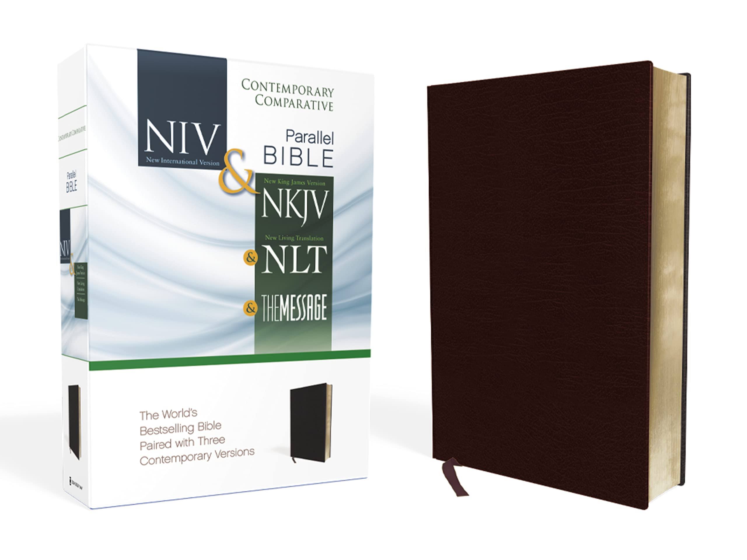 Contemporary Comparative Side-by-Side Bible: NIV / NKJV / NLT / The Message - Burgundy, Bonded Leather
