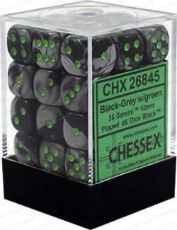 Chessex CHX26845 Dice-Gemini: 36D6 Black-Grey/Green Set
