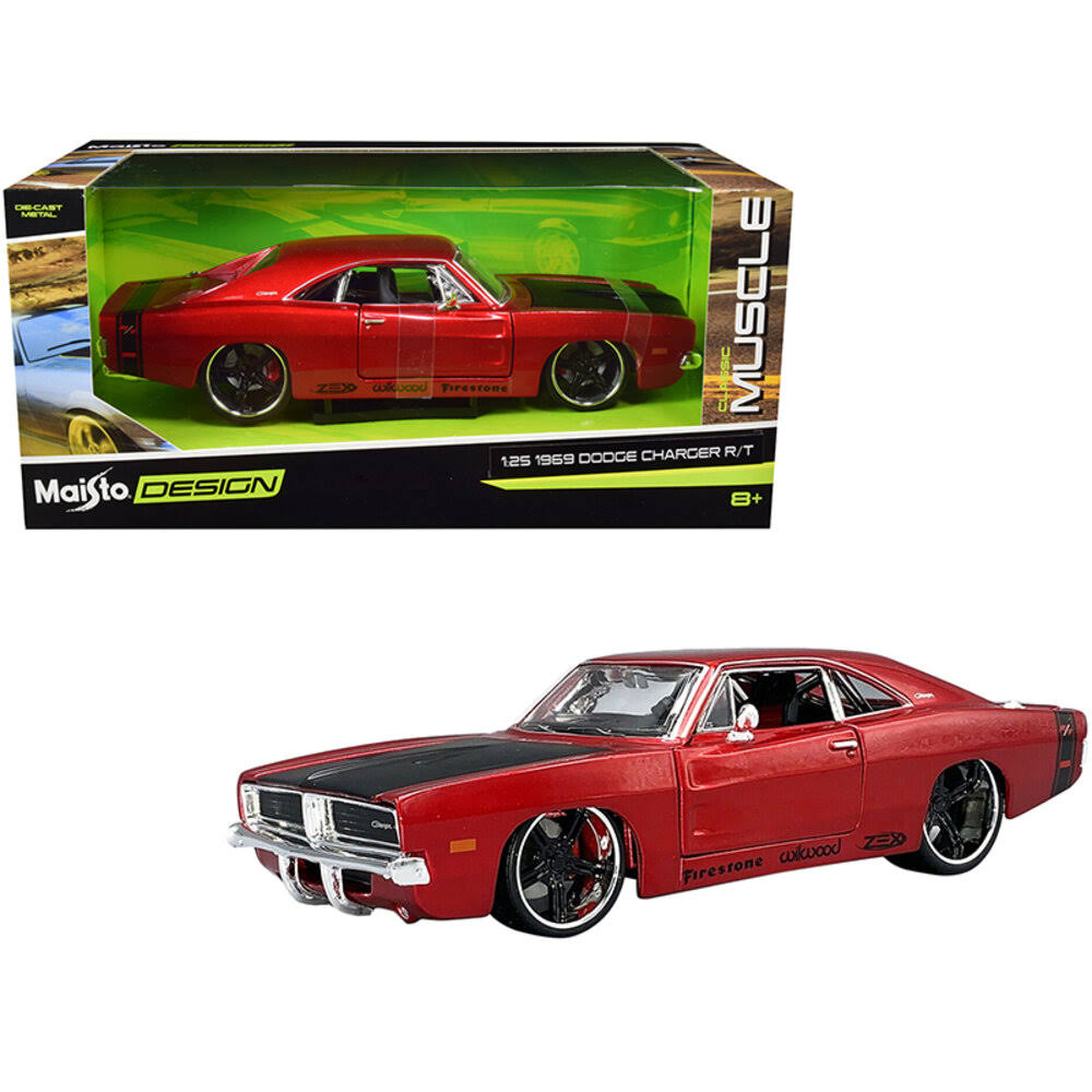 1969 Dodge Charger R T Red Metallic with Black Hood and Black Stripes Classic Muscle 1 25 Diecast Model Car by Maisto