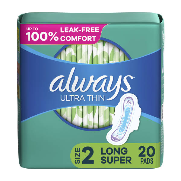 Always Ultra Pads Pack, Long Super Day Time Absorbency With Wings, Unscented, Size 2, 20 EA