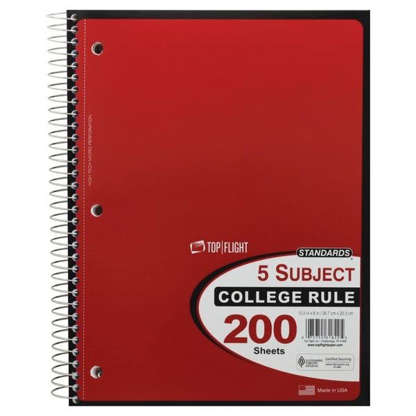 Top Flight Standards 5-Subject Wirebound Notebook, 200 Sheets, 3-Hole Punched, College Rule, 10.5 X 8 Inches, 1 Notebook, Color May Vary