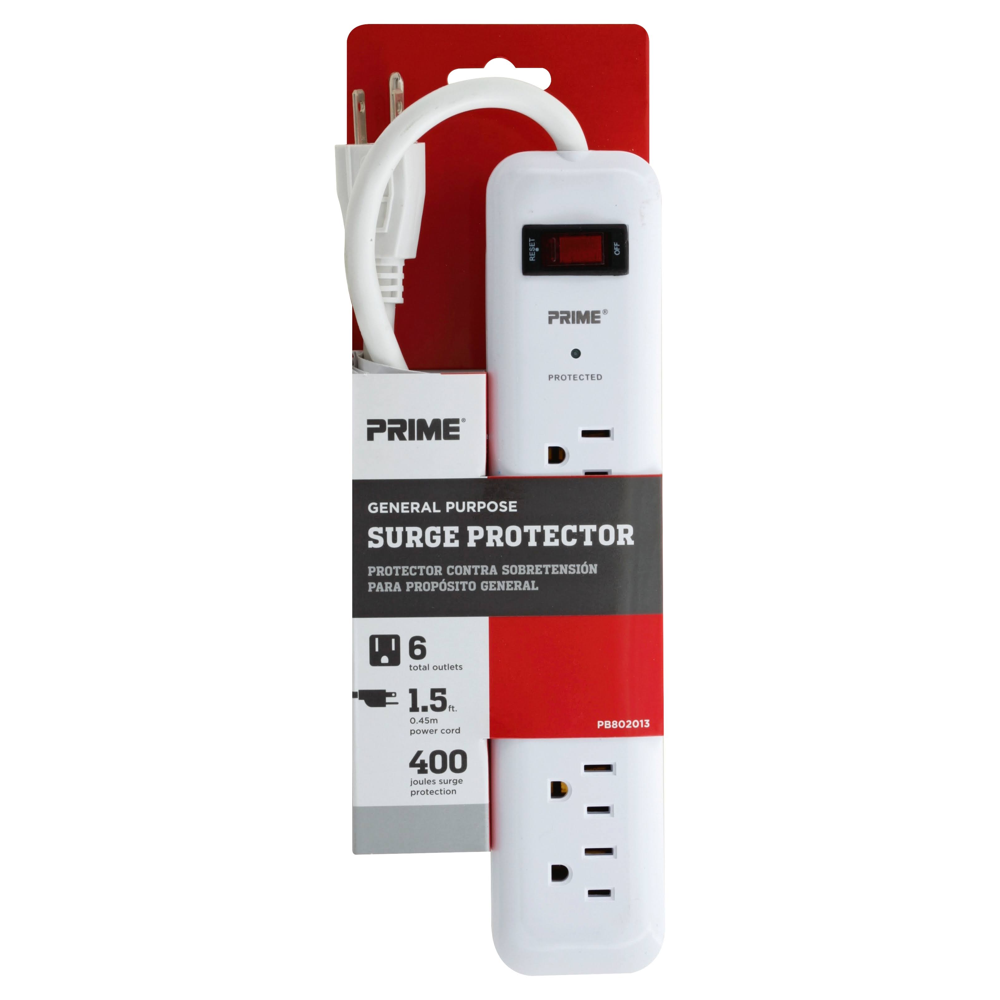 Prime 6-Outlet 400-Joule Surge Cord - White, 18in