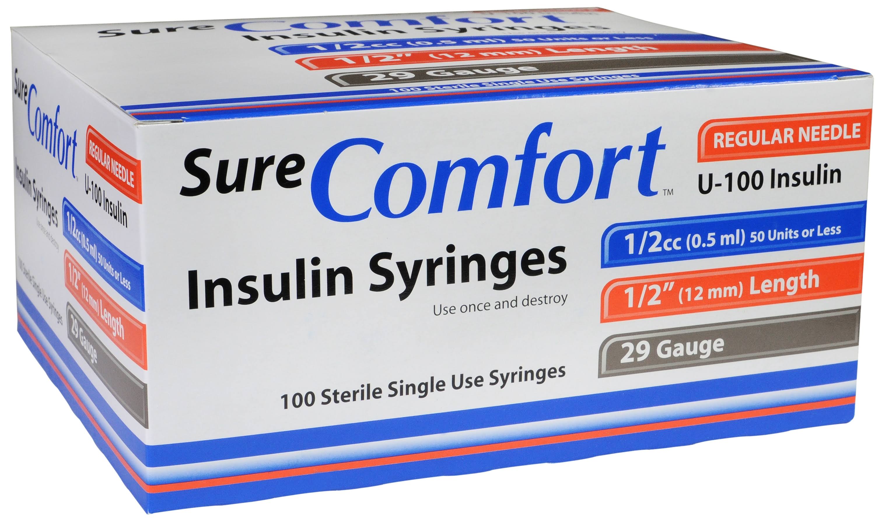 Sure Comfort Insulin Syringe - Regular Needle, 29G, 12mm, 0.5CC, 100ct