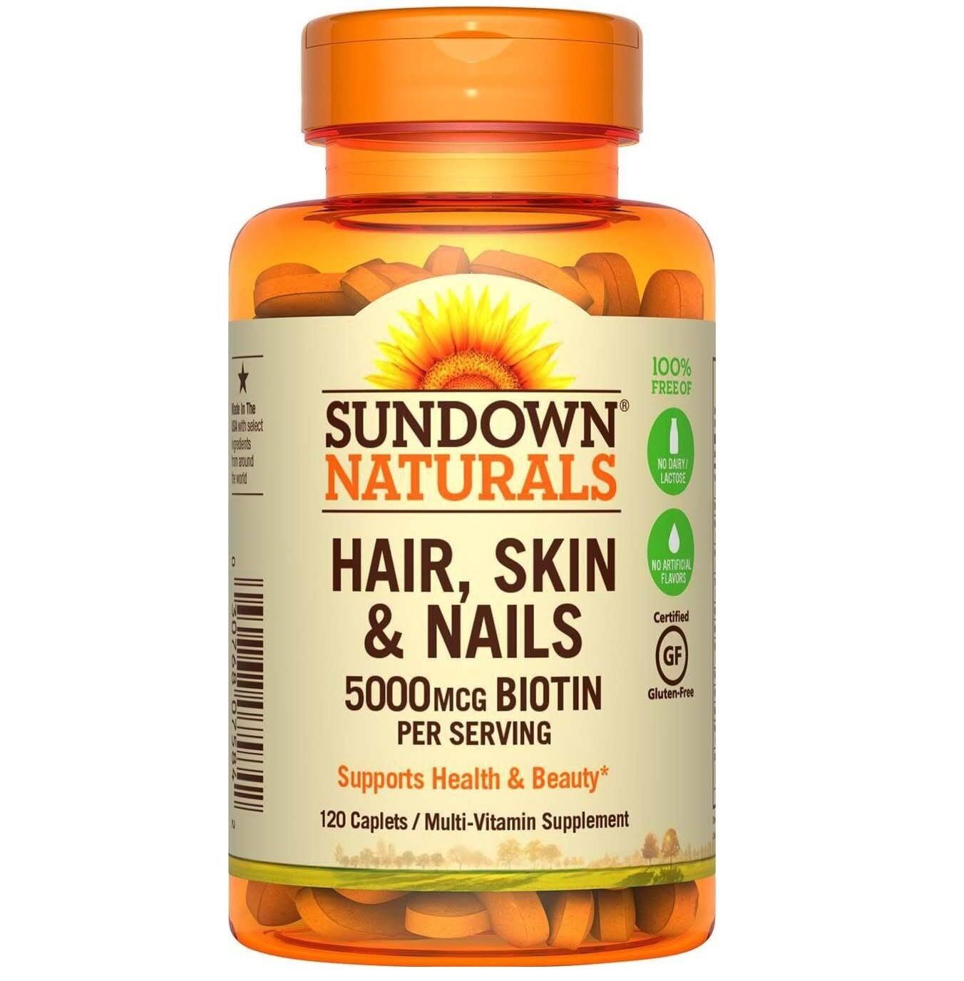 Sundown Naturals Hair Skin & Nails Dietary Supplement - 120 Caplets, 5000mcg