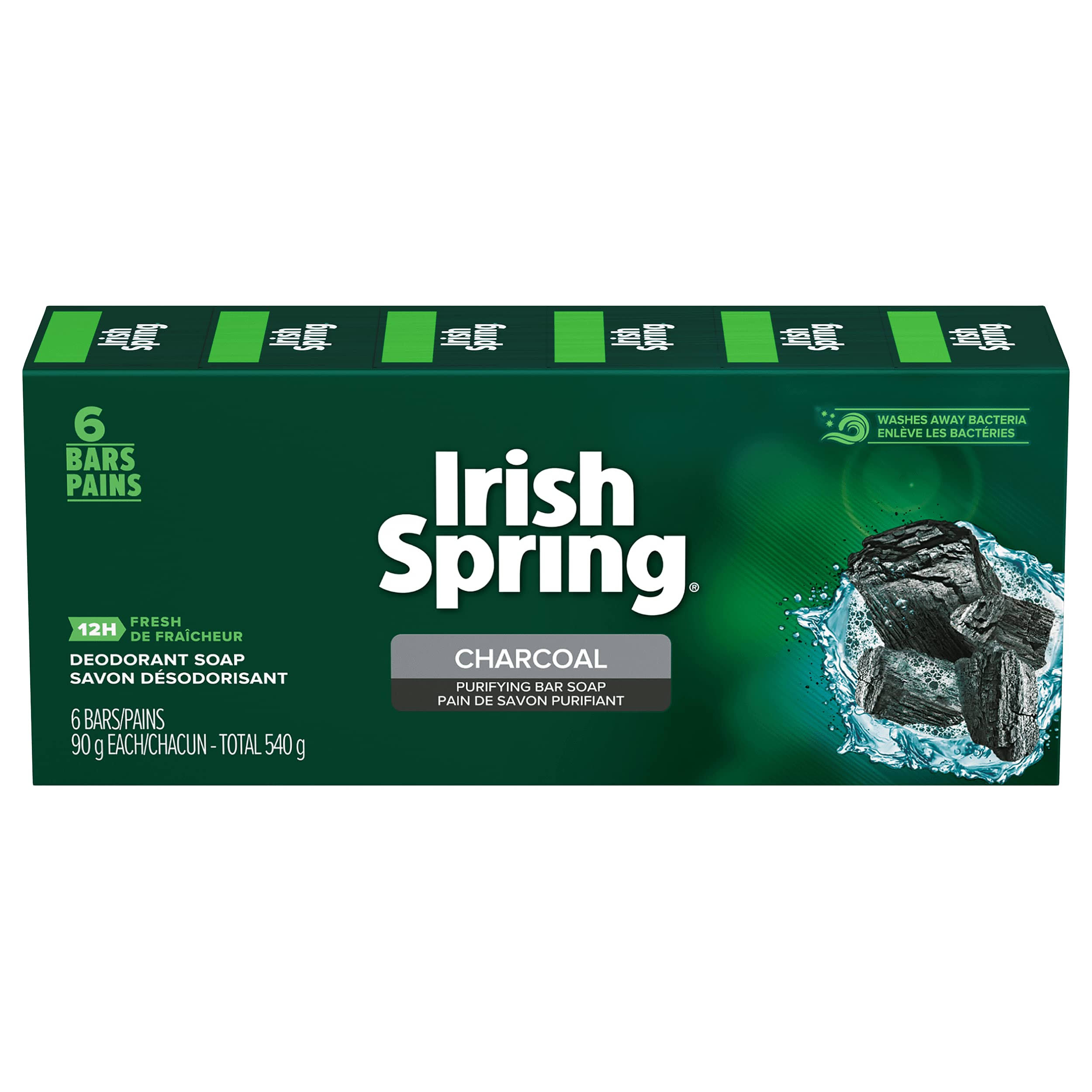 Irish Spring Charcoal Bar Soap, Body And Hand Soap Bar Washes Away Bacteria, 90G, 6 Bars