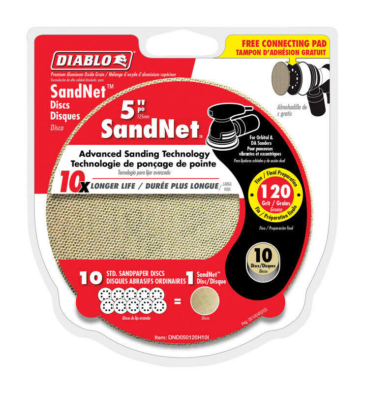 Diablo SandNet 5in Aluminum Oxide Hook and Lock Sanding Disc 120 Grit Fine 10