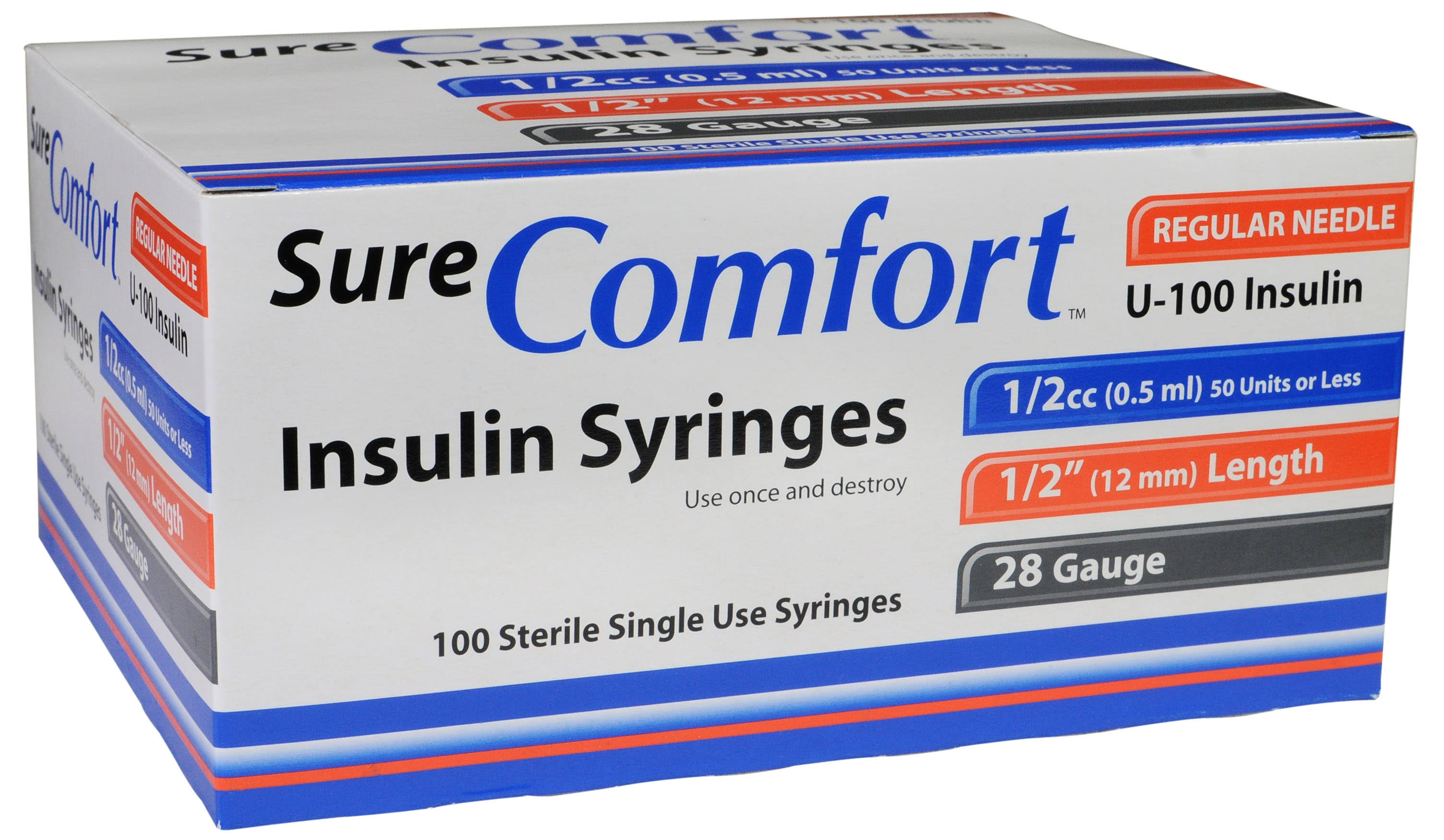 Allison Medical SureComfort Insulin Syringe 28 Gauge, 1/2cc, 1/2" Needle - 10 Count (1-4 Pack)