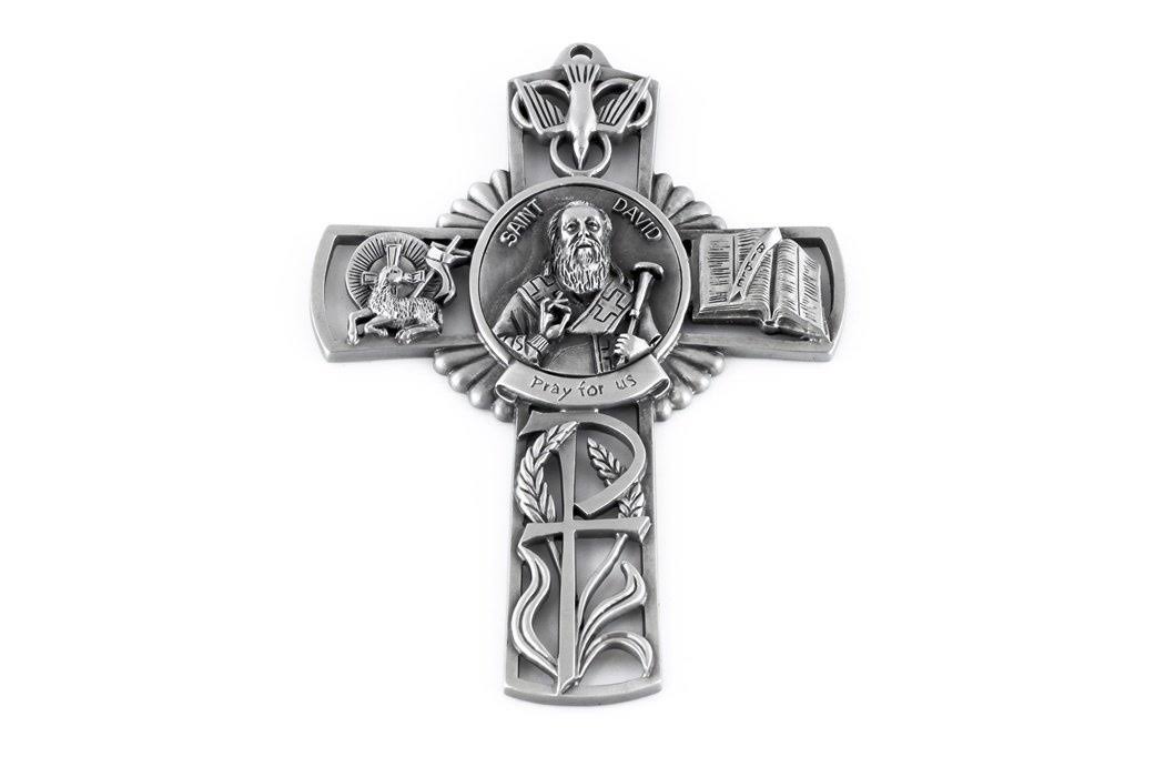 Pewter Catholic Saint St David Pray for US Wall Cross, 13cm | Decor | Free Shipping on All Orders | Delivery Guaranteed | Best Price Guarantee