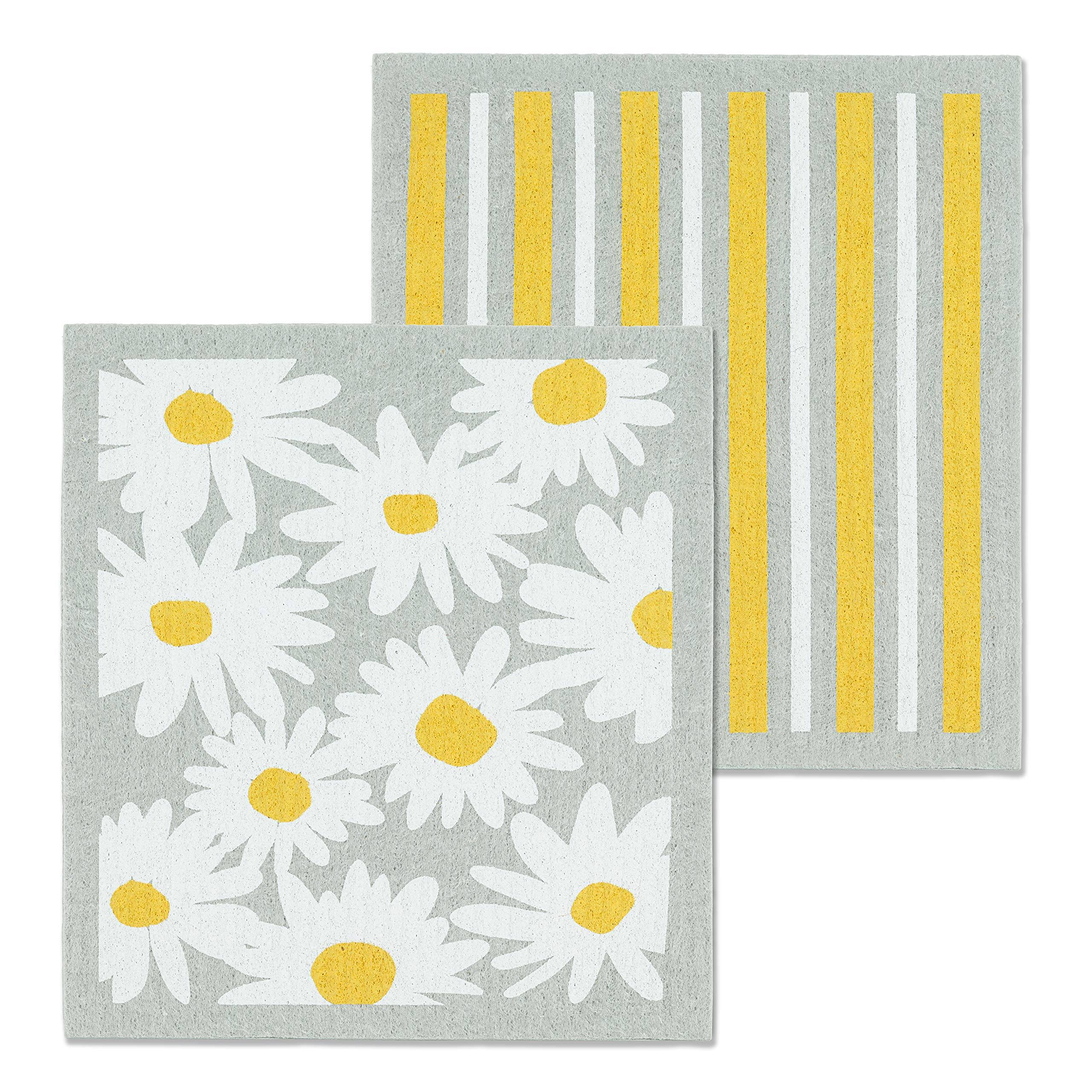 Abbott Collections AB-84-ASD-AB-51 6.5 x 8 in. Daisies & Stripes Dishcloths Grey & White - Set of 2