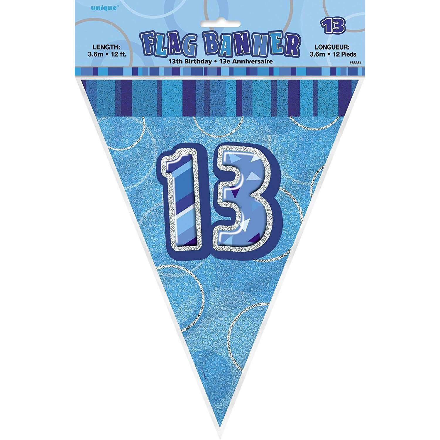 Age 13 Birthday Flag Bunting Blue Glitz