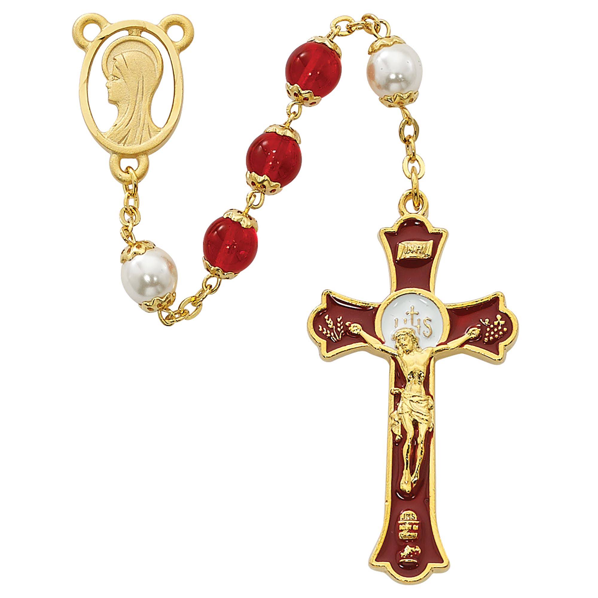 8mm red/pearl Capped Rosary