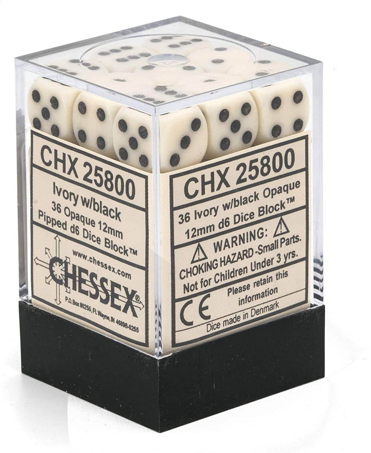 Dice - Chessex 12mm 36 D6 Opaque Ivory/Black