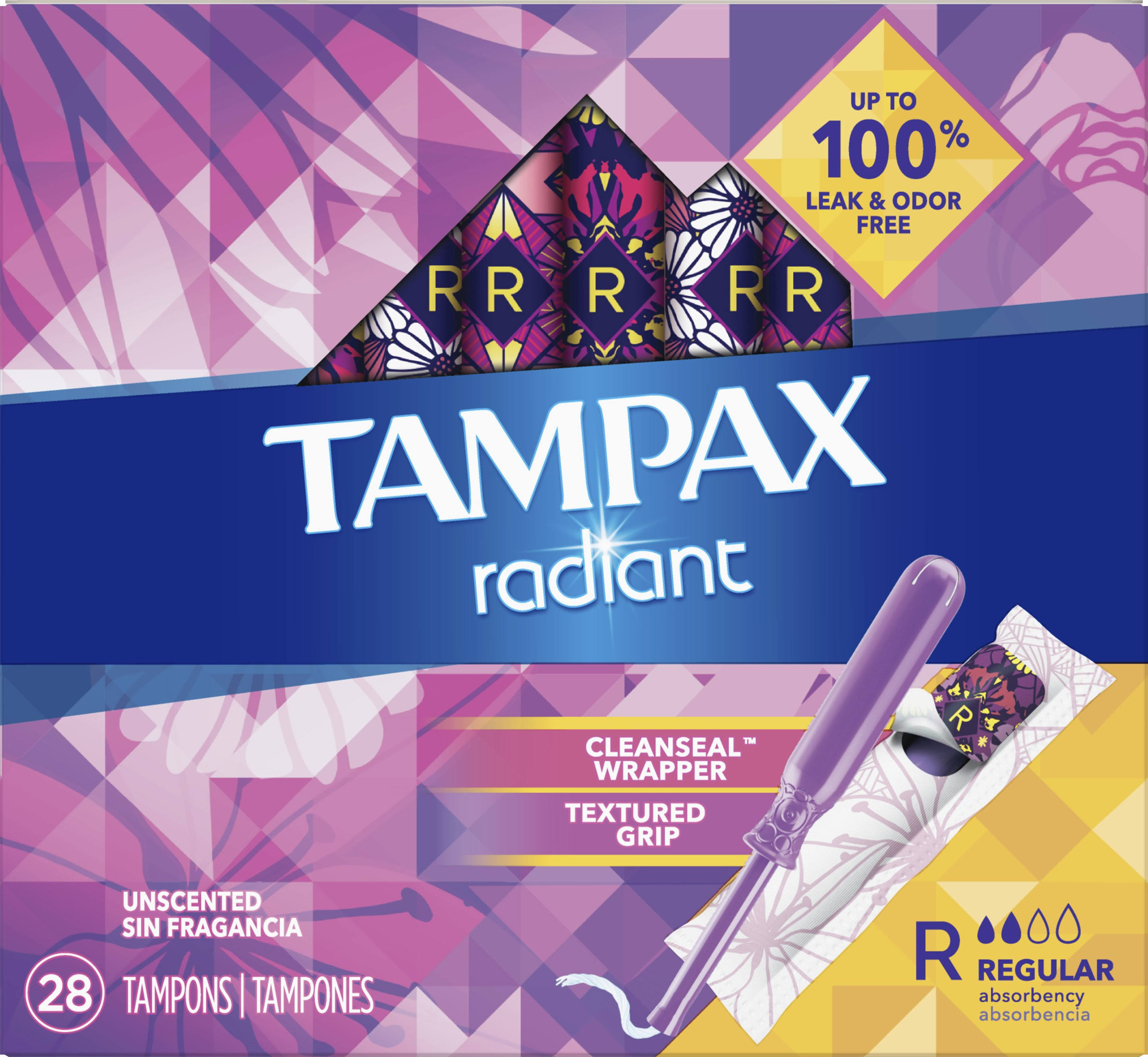Tampax Radiant Regular Absorbency Plastic Tampons, Unscented, 28 Ct
