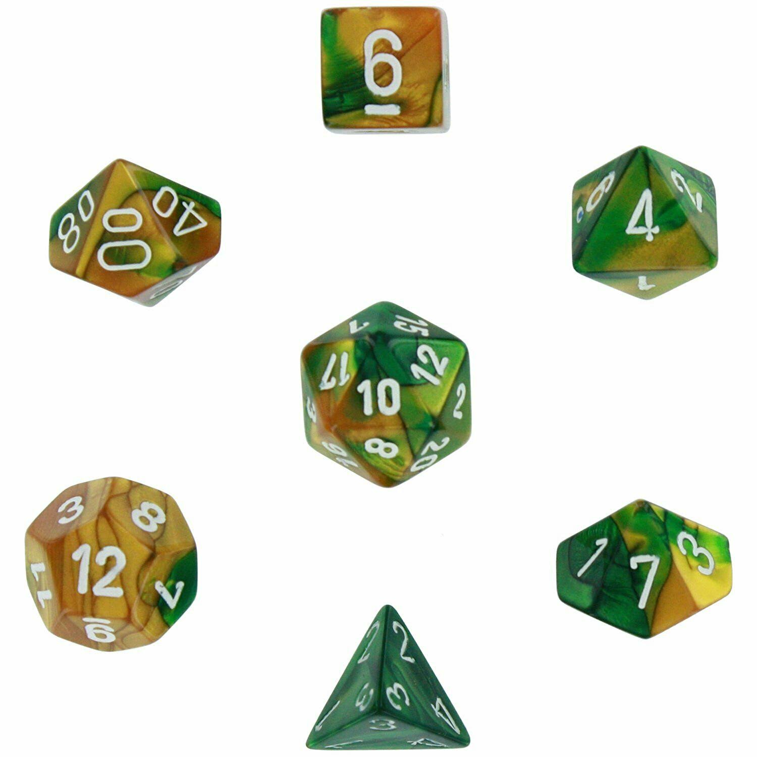 Chessex Gemini Poly 7 Dice Set: Gold-Green/white